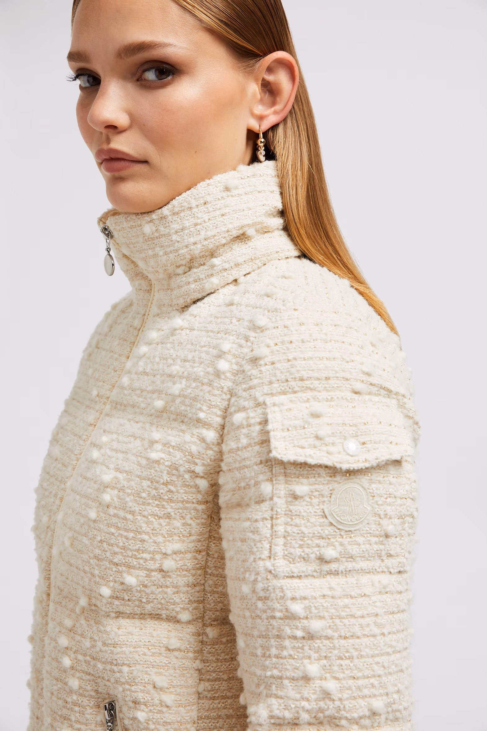 Fourmines Hooded Tweed Short Down Jacket Women White Ivory Moncler 4